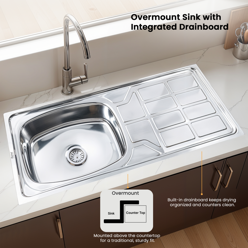 Oval Single Bowl with Drainboard Kitchen Sink 304-Grade (45 x 20 x 9 Inches)