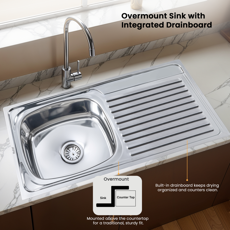 Oval Single Bowl with Drainboard Premium Kitchen Sink (37 x 18 x 8 Inches)