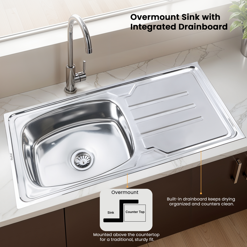Oval Single Bowl with Drainboard Kitchen Sink (42 x 20 x 9 Inches)