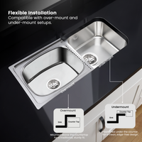 Double Bowl Kitchen Sink (45 x 20 x 9 Inches), With Undermount and Overmount Installation