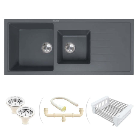 Quartz Double Bowl with Drainboard Kitchen Sink (45 x 20 x 9 inches)