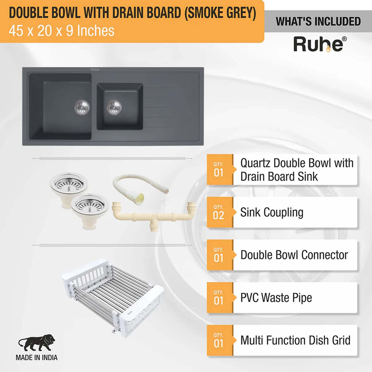 Quartz Double Bowl with Drainboard Kitchen Sink (45 x 20 x 9 inches)