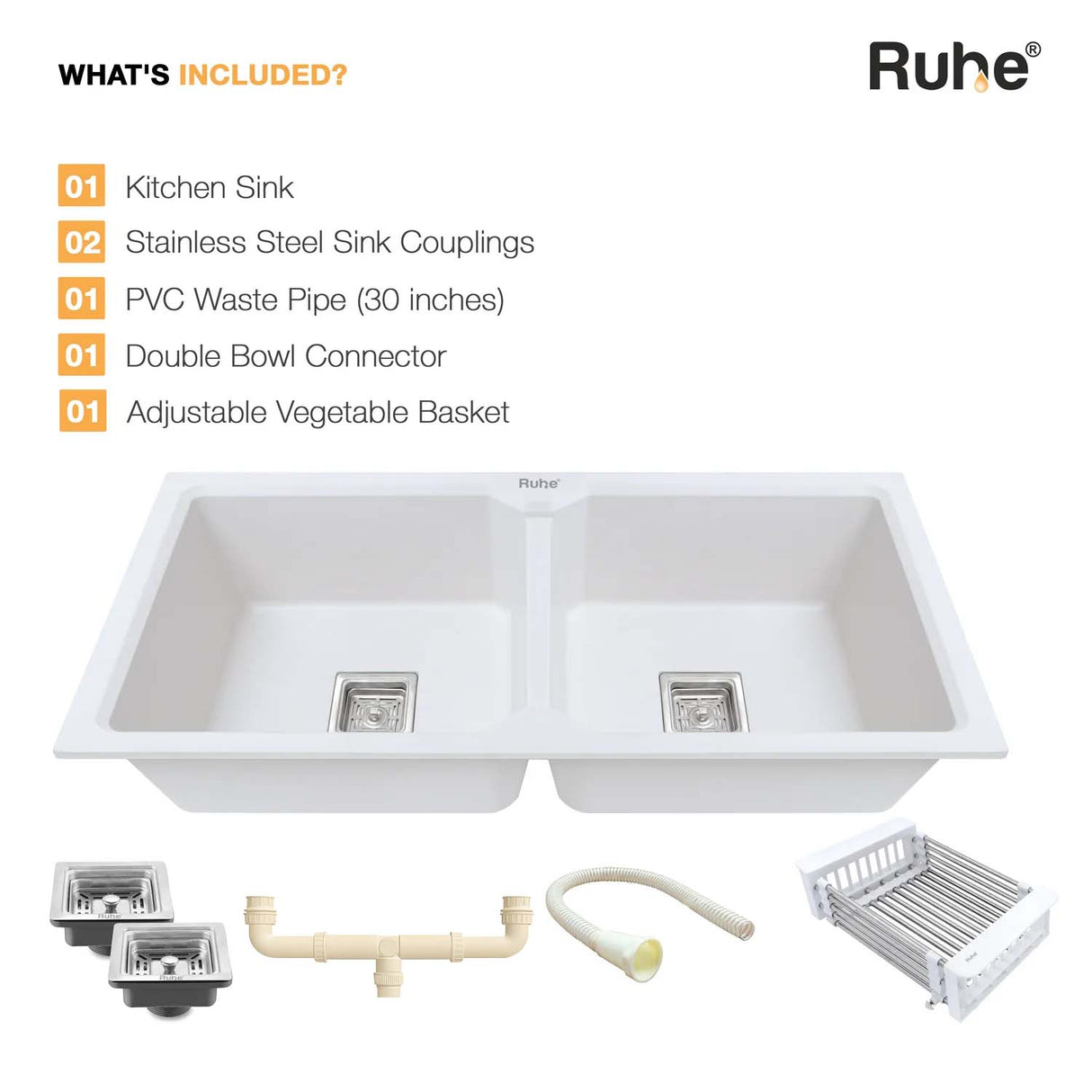 Quartz Double Bowl Kitchen Sink (45 x 20 x 9 inches)