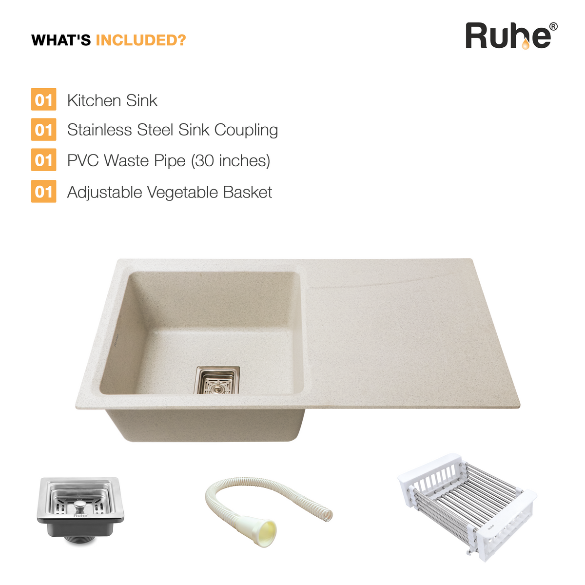Quartz Single Bowl Kitchen Sink with Drainboard (36 x 18 x 9 Inches)
