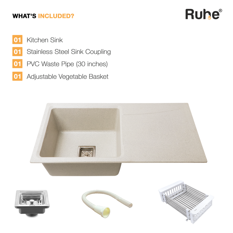 Quartz Single Bowl with Drainboard Kitchen Sink (36 x 18 x 9 Inches)