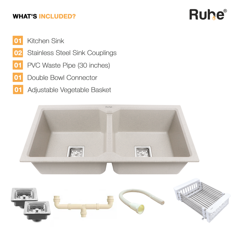 Quartz Double Bowl Kitchen Sink (37 x 18 x 9 Inches)
