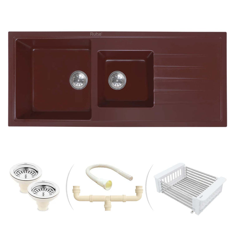 Quartz Double Bowl with Drainboard Kitchen Sink Choco Brown (45 x 20 x 9 inches)