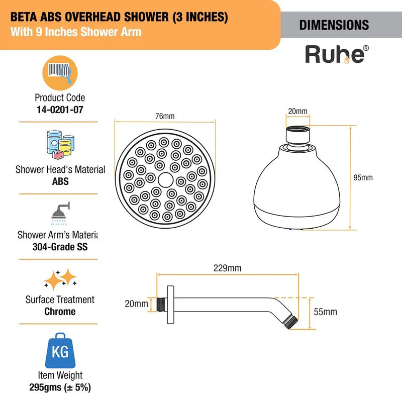 Beta ABS Overhead Shower (3 Inches) With 9 Inches Shower Arm