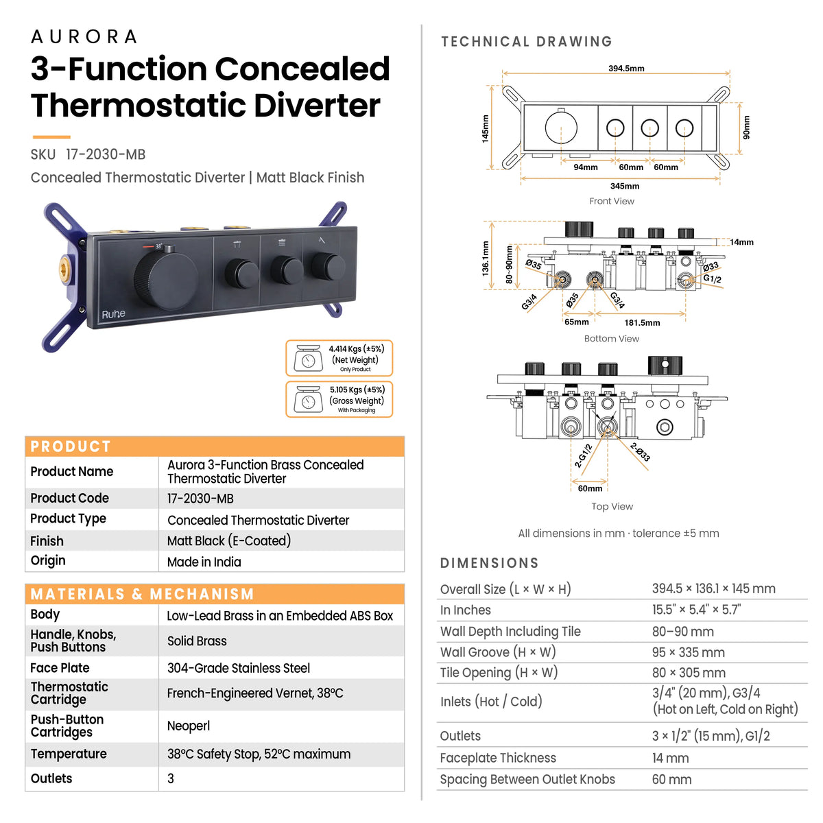 Aurora 3-Function Brass Concealed Thermostatic Diverter – Matt Black