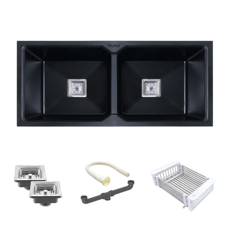 Black Quartz Double Bowl Kitchen Sink (37 x 18 x 9 Inches) 