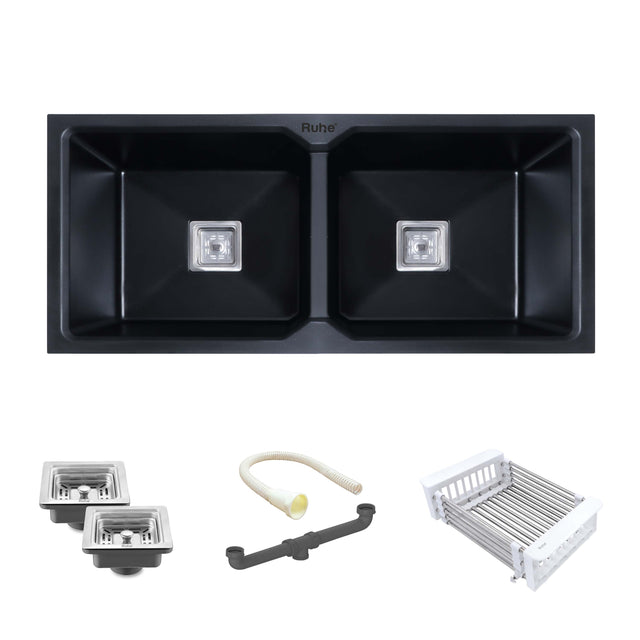 Black Quartz Double Bowl Kitchen Sink (37 x 18 x 9 Inches) 
