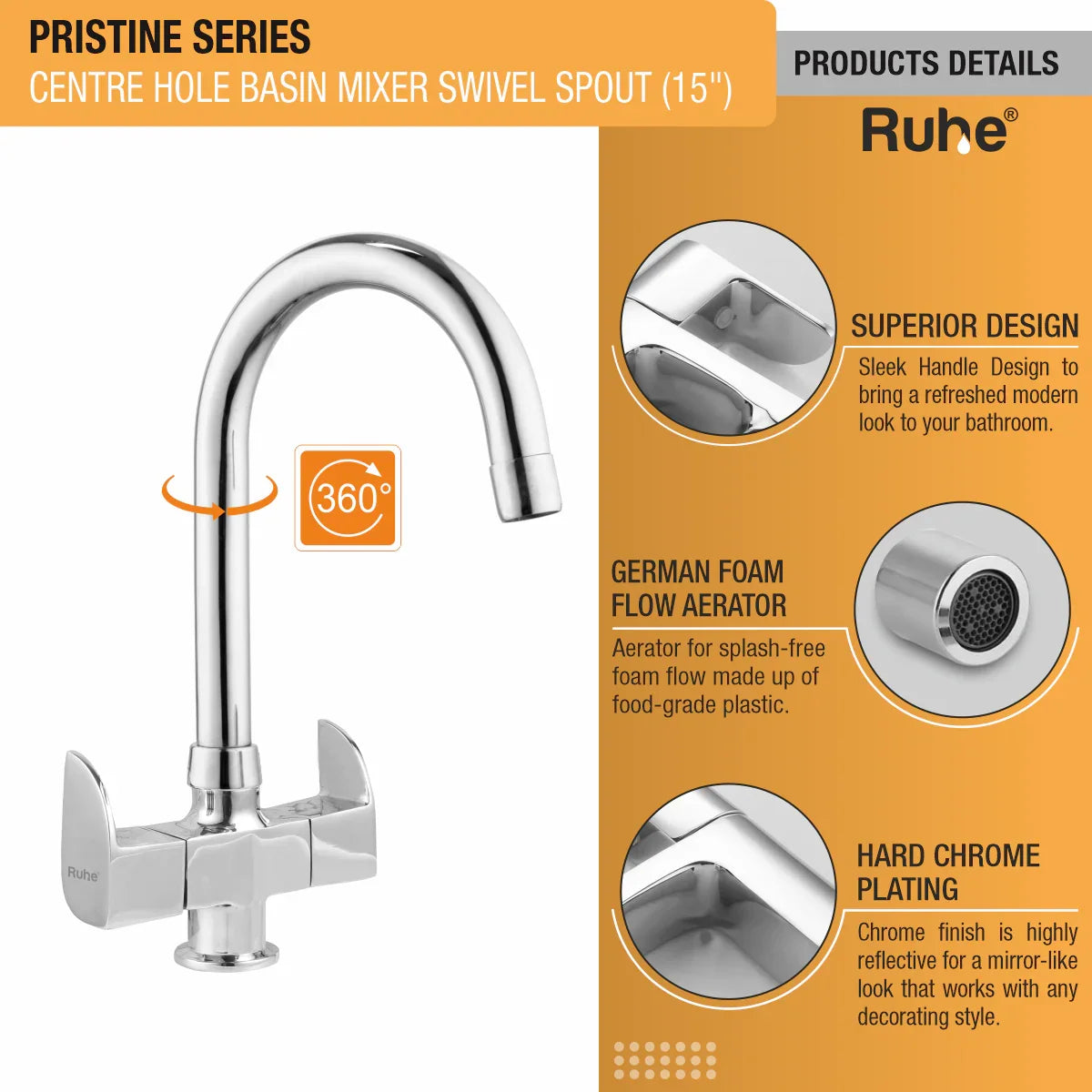 Pristine Deck Mount Wash Basin Mixer Tap with Swivel Spout