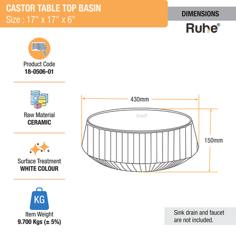 Castor Table Top Wash Basin (White) - by Ruhe®