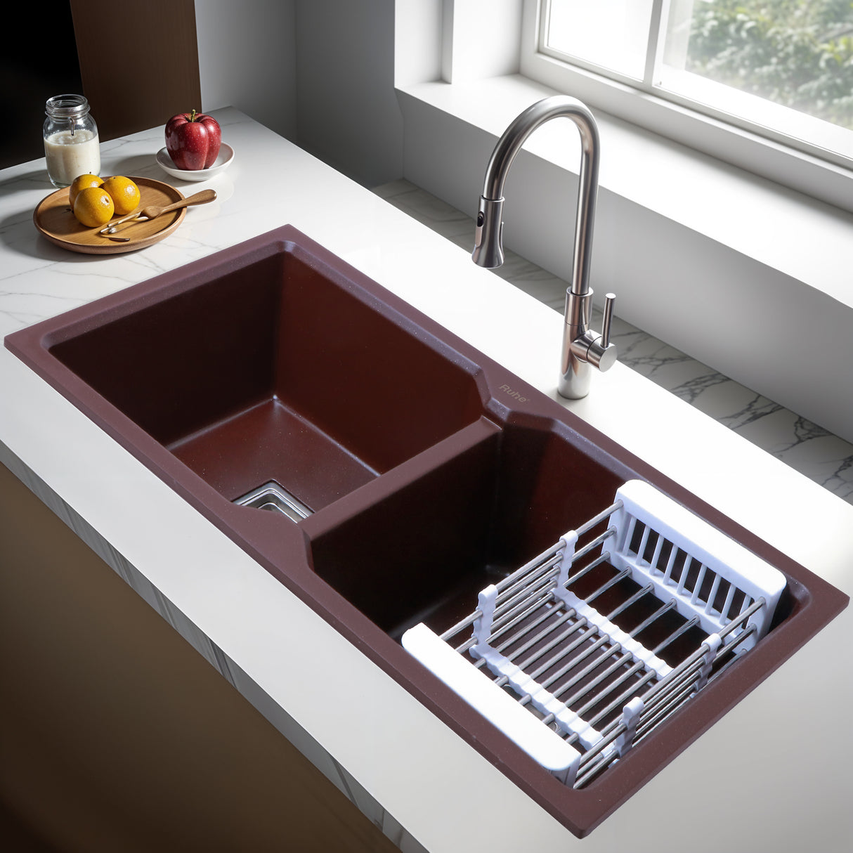 Choco Brown Quartz Double Bowl Kitchen Sink (45 x 20 x 9 inches) - by Ruhe