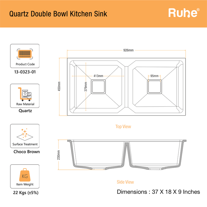 Quartz Double Bowl Kitchen Sink Coloured (37 x 18 x 9 Inches)