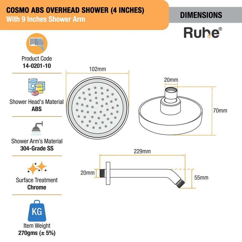 Cosmo ABS Overhead Shower (4 Inches) With 9 Inches Shower Arm