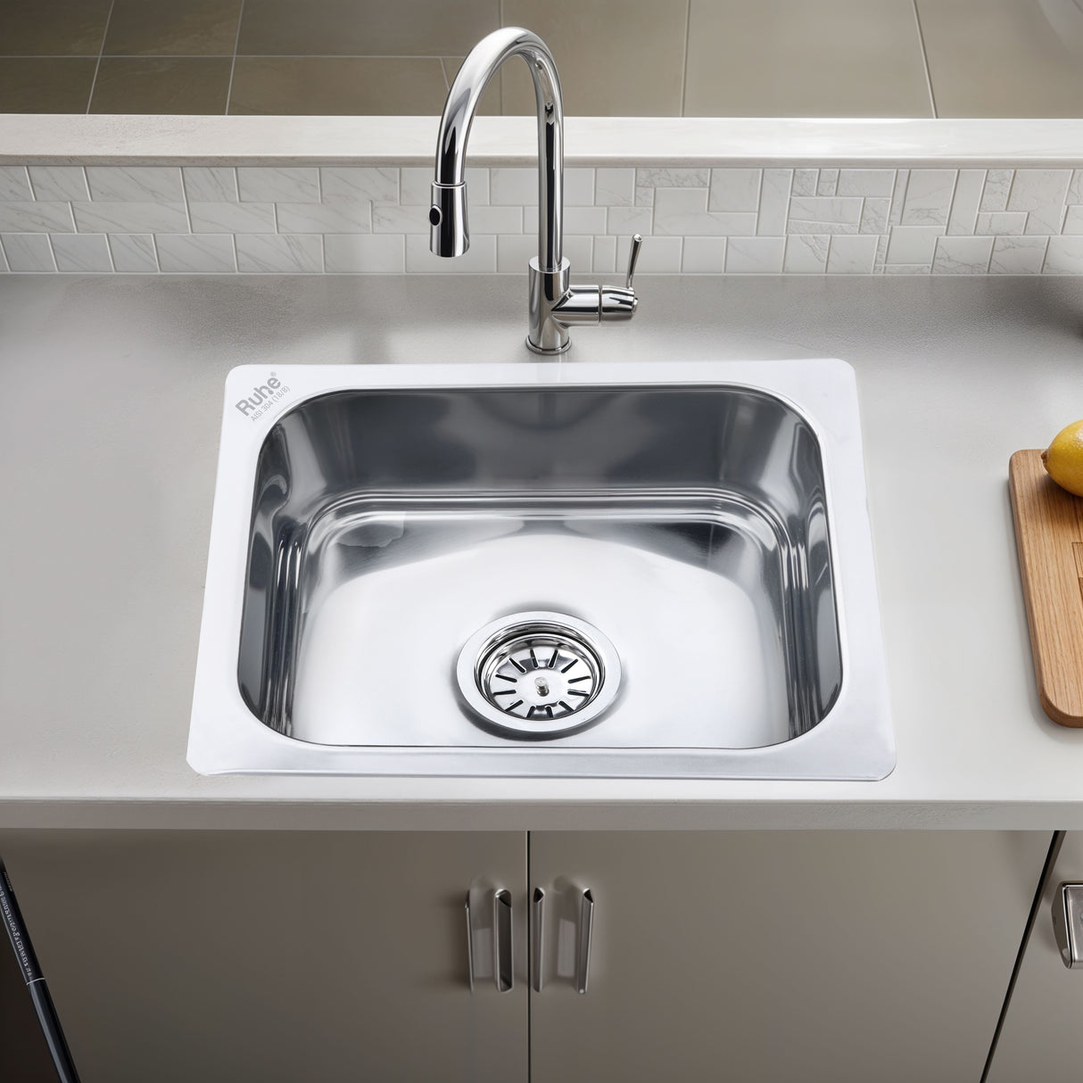 Square Single Bowl 304-Grade Kitchen Sink (18 x 16 x 8 inches)– by Ruhe