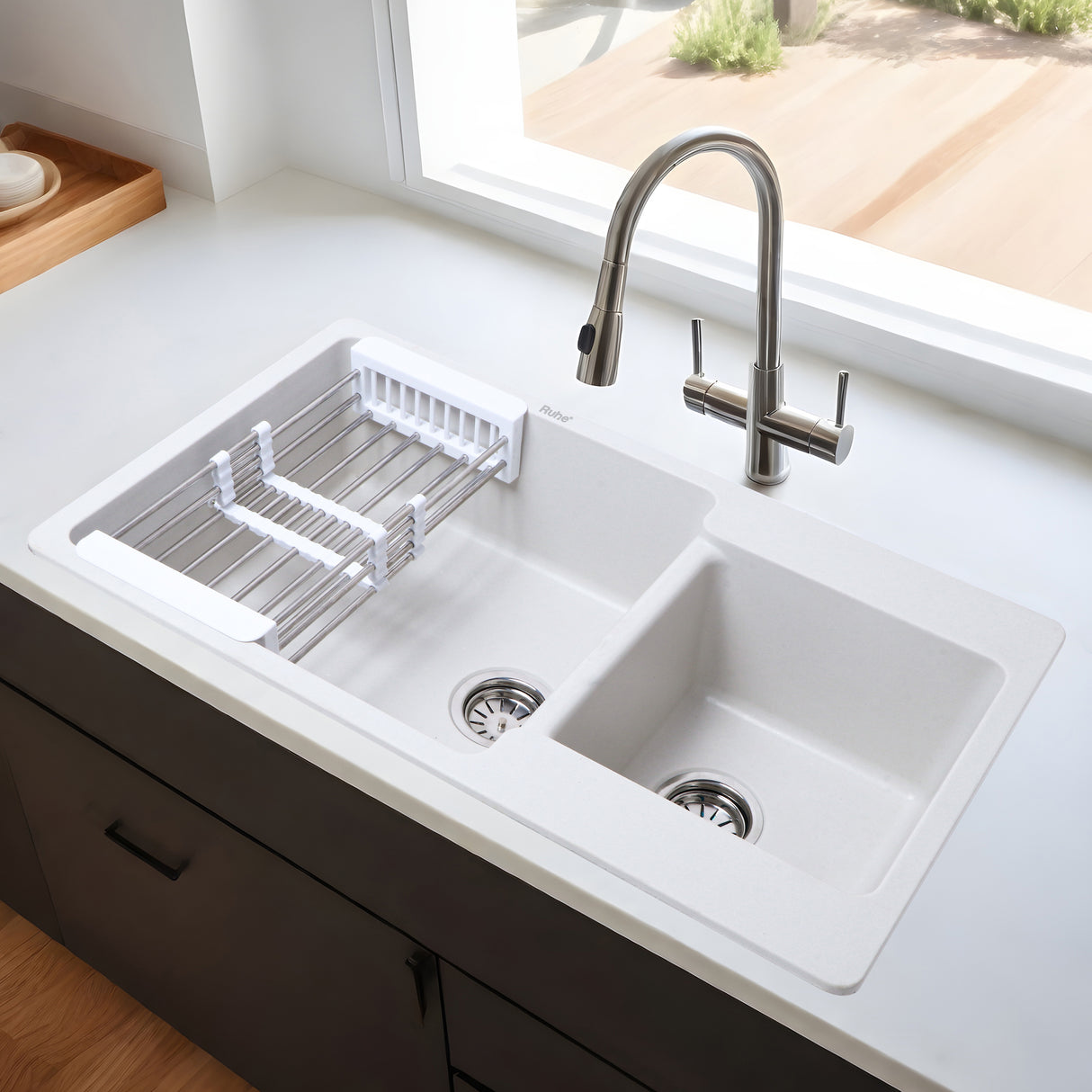 Crystal White Quartz Double Bowl Kitchen Sink (34 x 20 x 9 inches) - by Ruhe