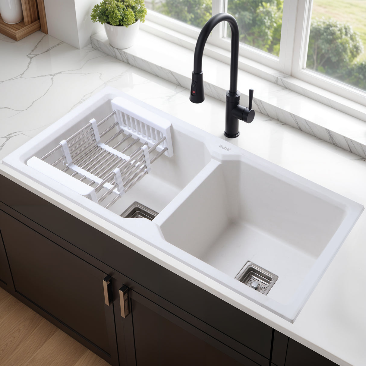 Crystal White Quartz Double Bowl Kitchen Sink (37 x 18 x 9 inches) - by Ruhe