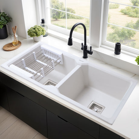 Crystal White Quartz Double Bowl Kitchen Sink (45 x 20 x 9 inches) - by Ruhe