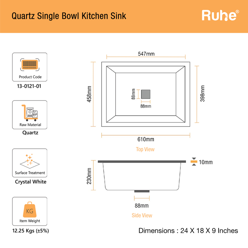 Quartz Single Bowl Kitchen Sink (24 x 18 x 9 Inches)