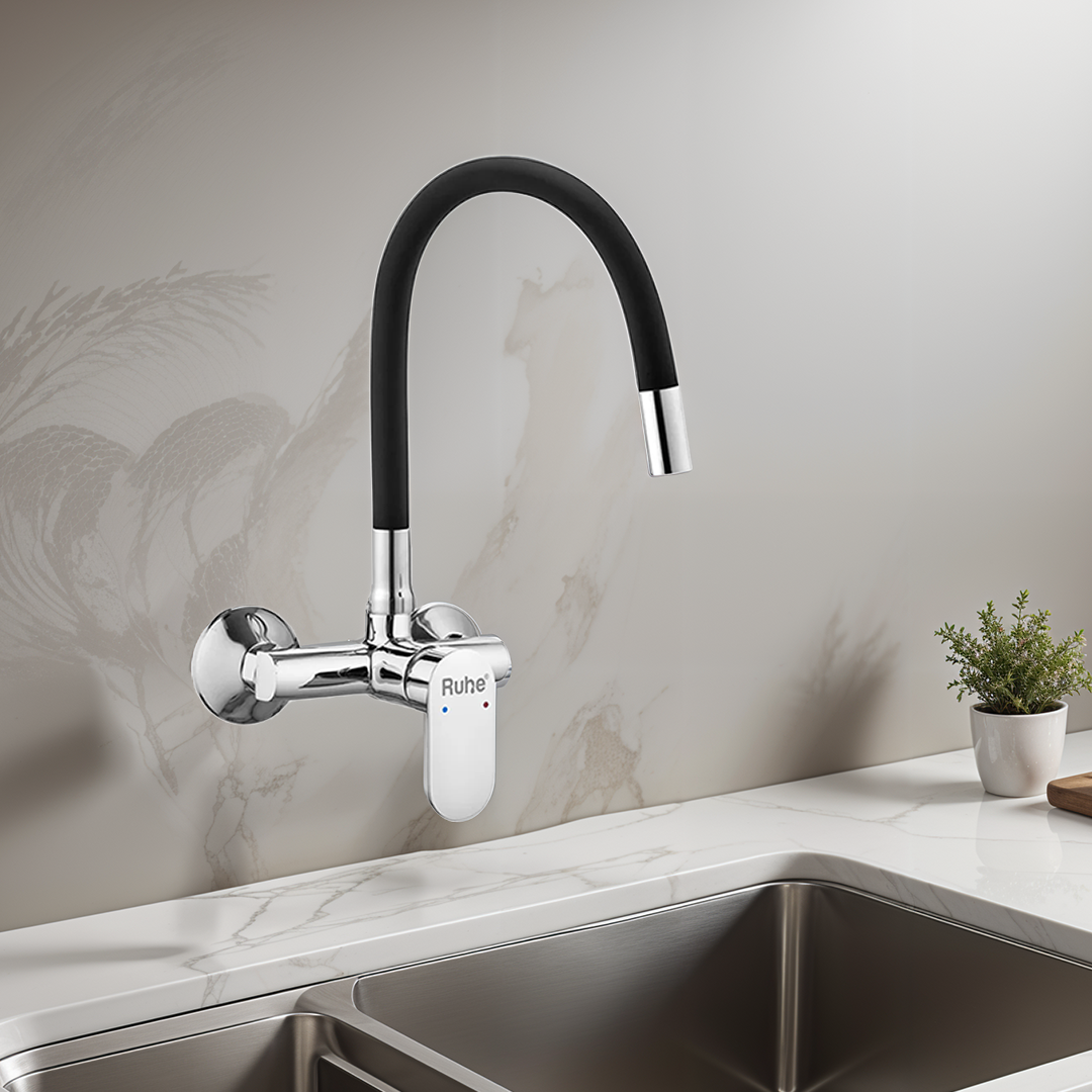 Demure Single Lever Wall-mount Kitchen Sink Mixer Tap with Black Silicone Spout - by Ruhe®