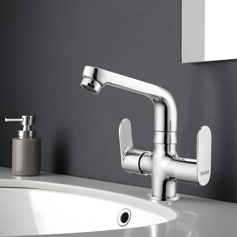 Demure Deck Mount Wash Basin Mixer Tap with Swivel Spout