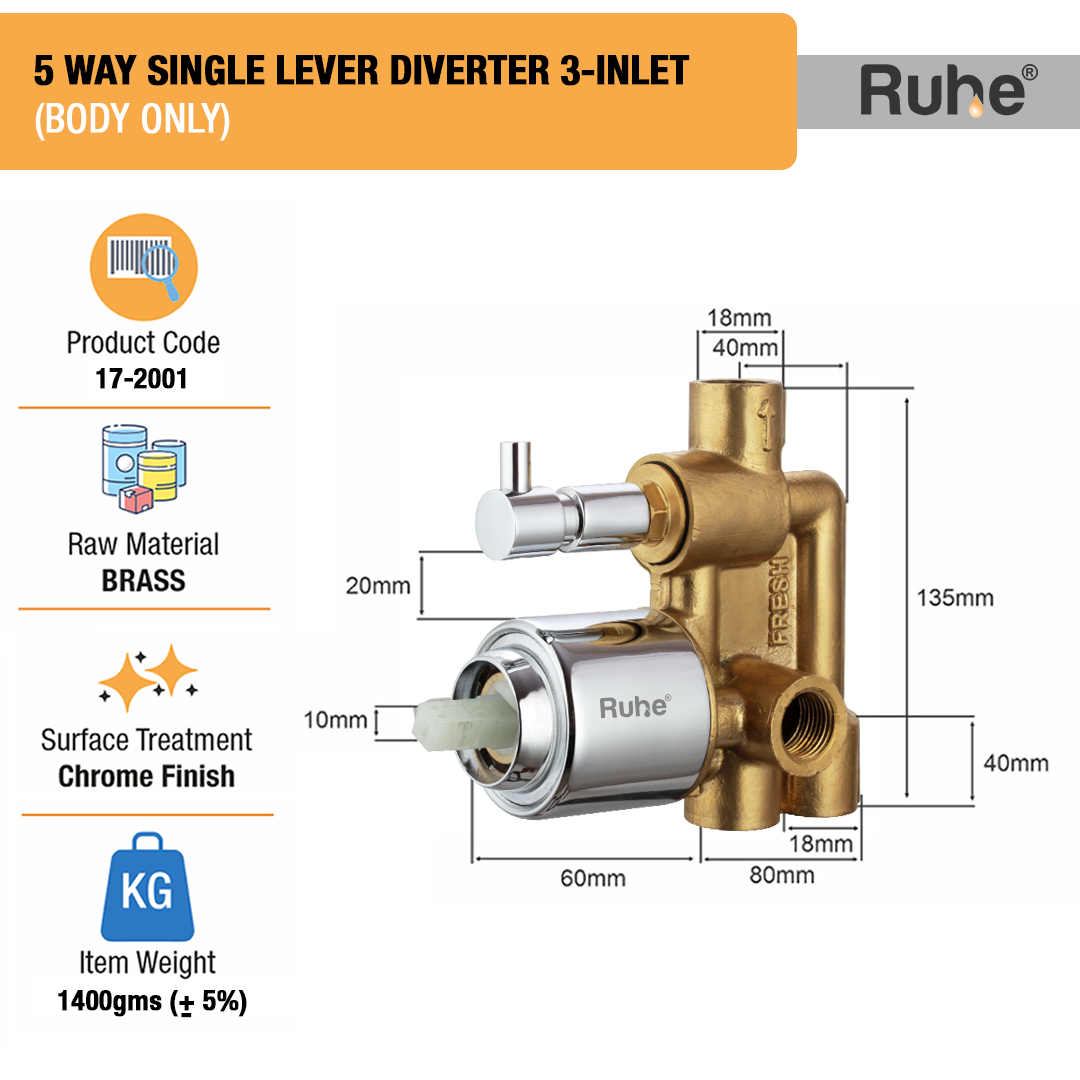 Single Lever 3-inlet (5 Way) Diverter (Body only) - by Ruhe