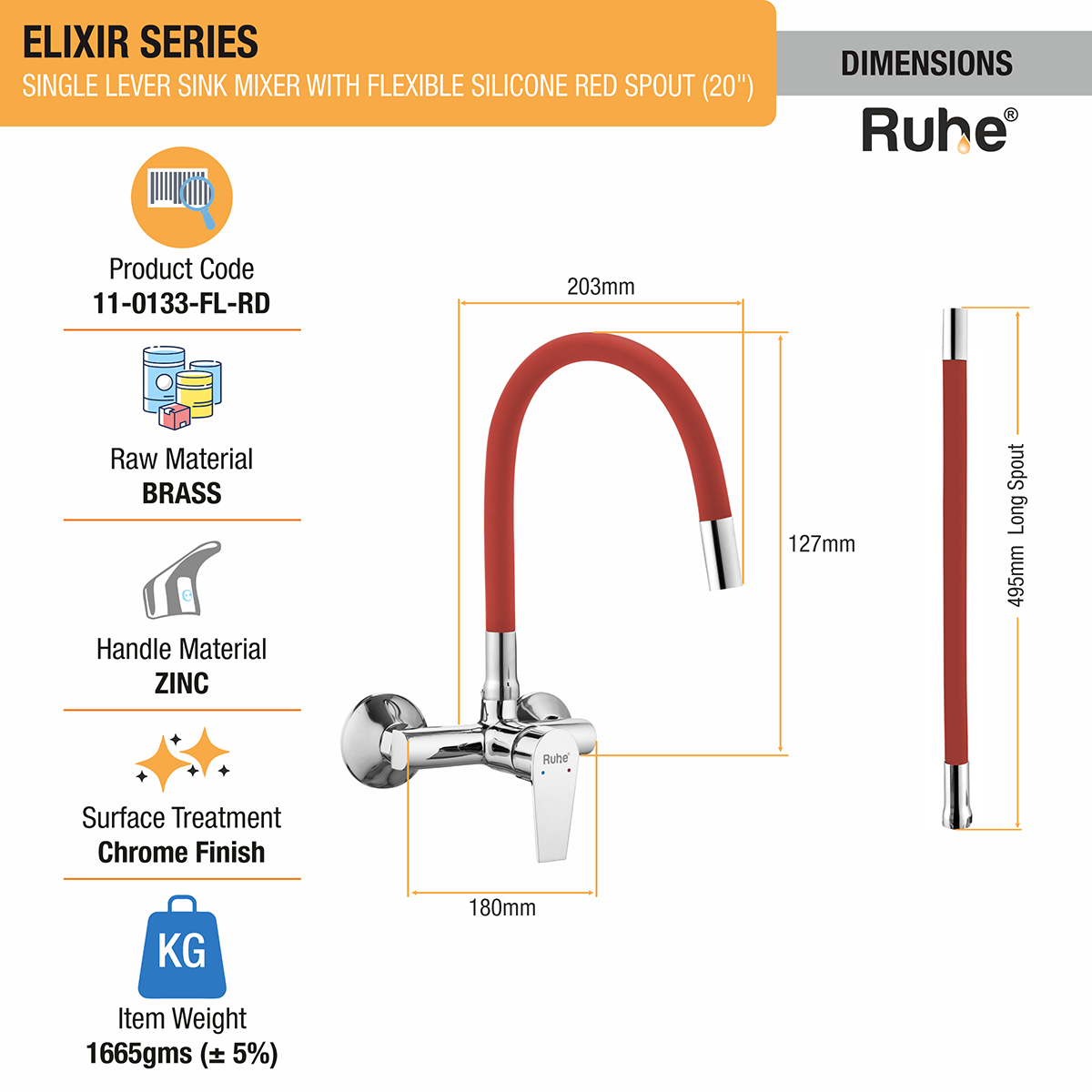 Elixir Single Lever Wall-mount Sink Mixer Brass Faucet with Red Silicone Spout - by Ruhe®