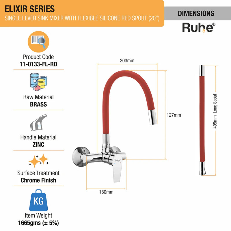 Elixir Single Lever Wall-mount Kitchen Sink Mixer Tap with Coloured Silicone Spout