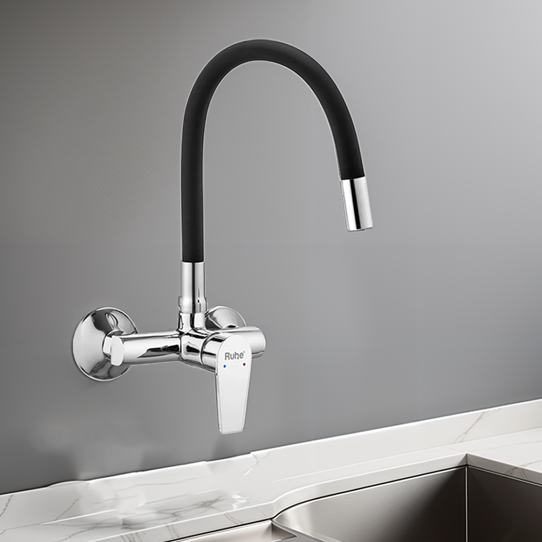 Elixir Single Lever Wall-mount Kitchen Sink Mixer Tap with Black Silicone Spout - by Ruhe®