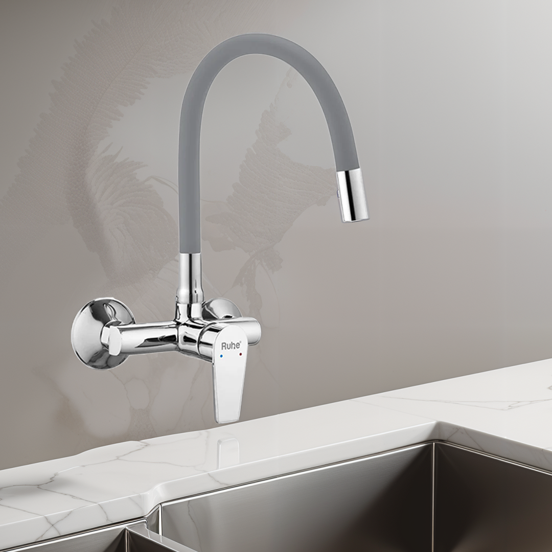 Elixir Single Lever Wall-mount Kitchen Sink Mixer Tap with Grey Silicone Spout - by Ruhe®