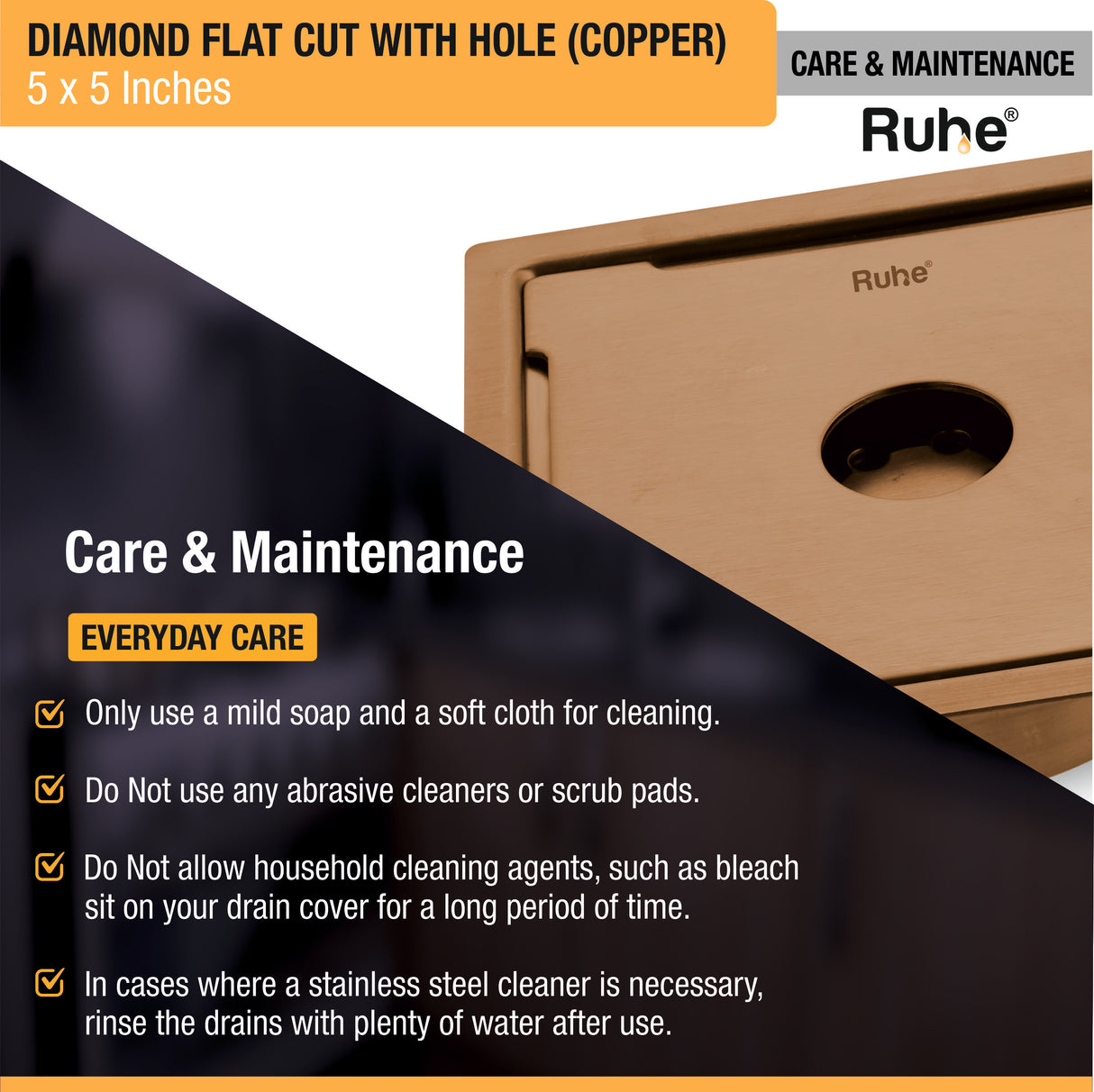 Diamond Square Flat Cut Floor Drain in Antique Copper PVD Coating (5 x 5 Inches) with Hole - by RuheÂ®