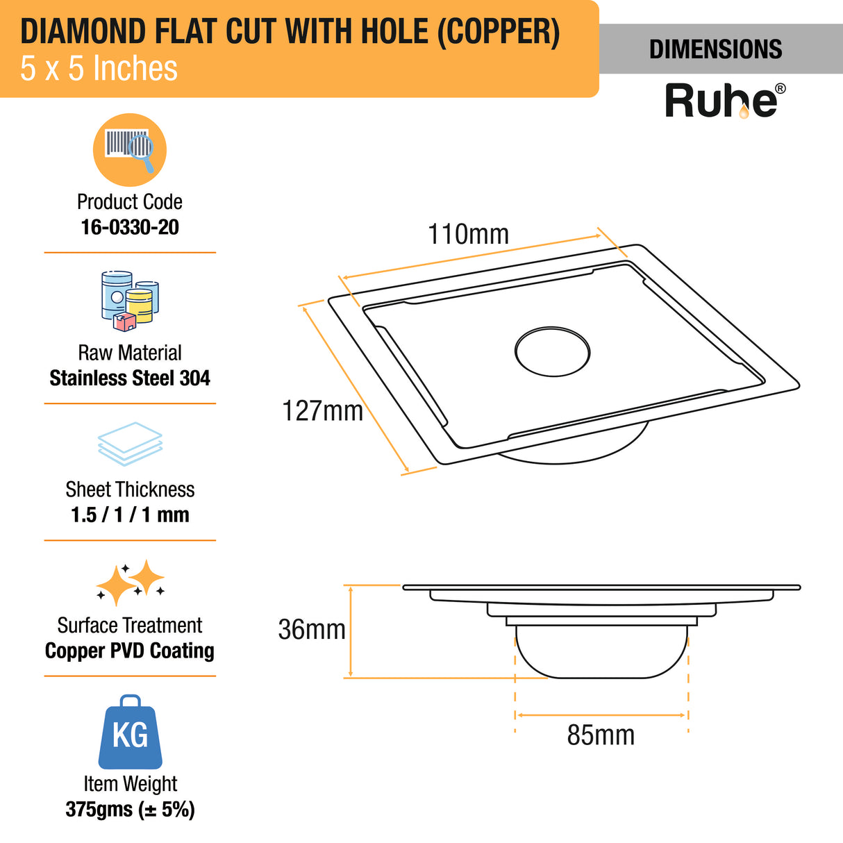 Diamond Square Flat Cut Floor Drain in Antique Copper PVD Coating (5 x 5 Inches) with Hole - by RuheÂ®