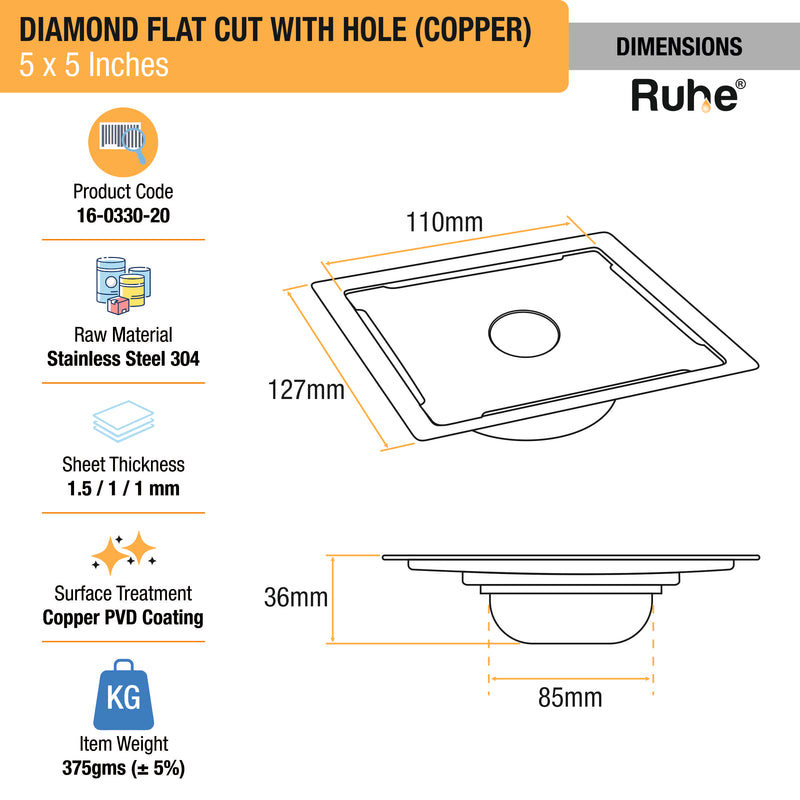 Diamond Square Flat Cut Floor Drain in Antique Copper PVD Coating (5 x 5 Inches) with Hole - by Ruhe