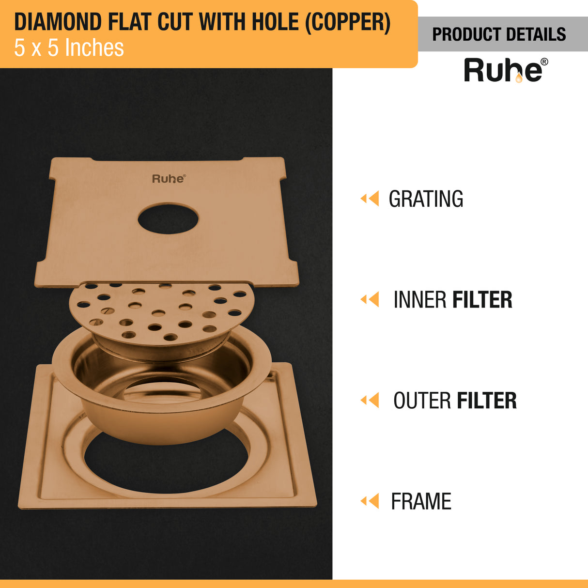 Diamond Square Flat Cut Floor Drain in Antique Copper PVD Coating (5 x 5 Inches) with Hole - by RuheÂ®