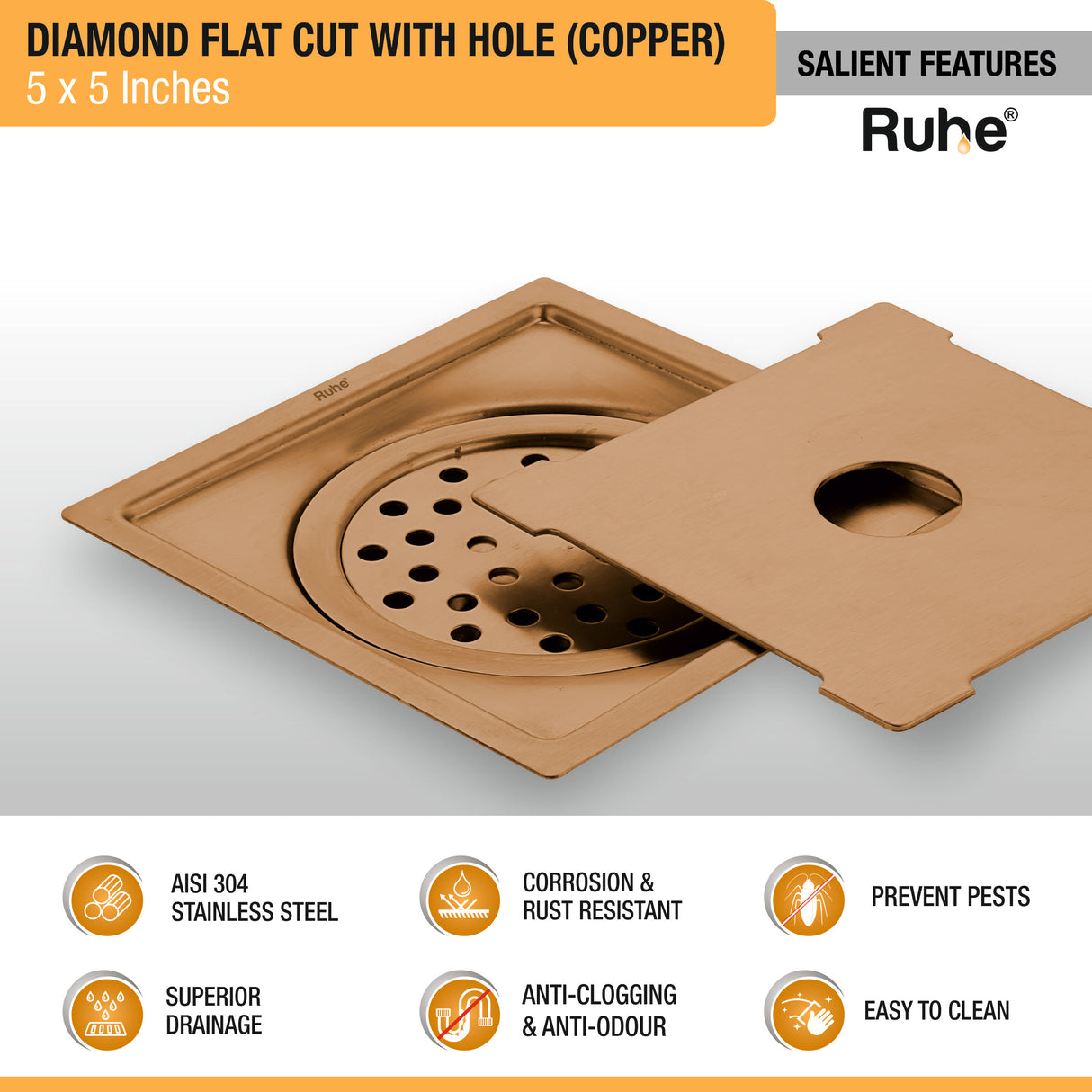Diamond Square Flat Cut Floor Drain in Antique Copper PVD Coating (5 x 5 Inches) with Hole - by RuheÂ®