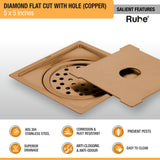 Diamond Square Flat Cut Floor Drain in Antique Copper PVD Coating (5 x 5 Inches) with Hole - by RuheÂ®