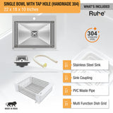 Handmade Single Bowl 304-Grade (22 x 18 x 10 Inches) Kitchen with Tap Hole - by Ruhe