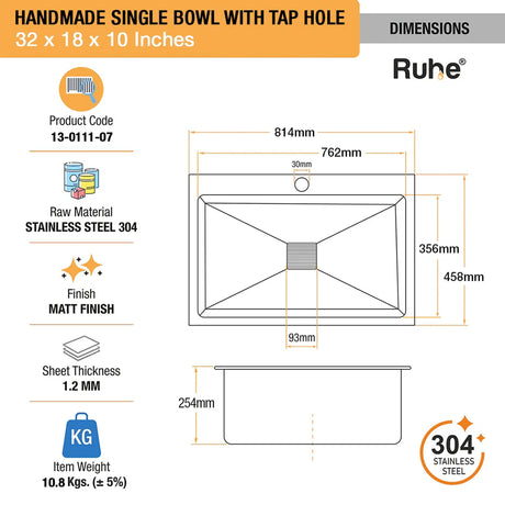 Handmade Single Bowl 304-Grade (32 x 18 x 10 Inches) Kitchen with Tap Hole - by Ruhe