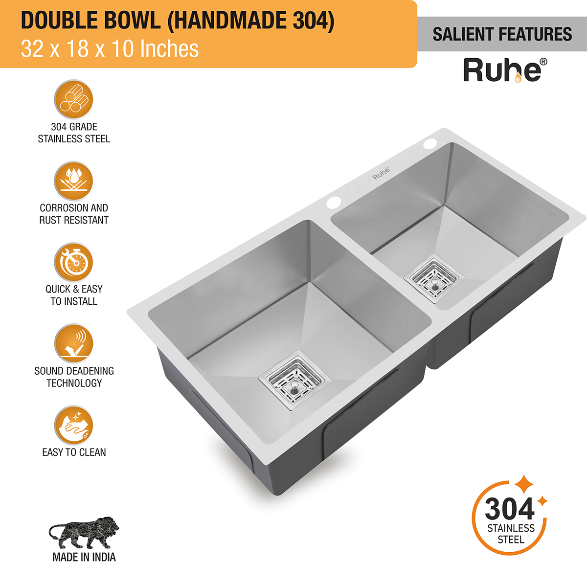 Handmade Double Bowl 304-Grade Kitchen Sink (32 x 18 x 10 Inches) with Tap Hole features and benefits