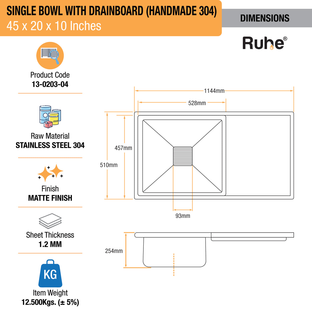 Handmade Single Bowl with Drainboard 304-Grade Kitchen Sink (45 x 20 x 10 Inches) - by Ruhe