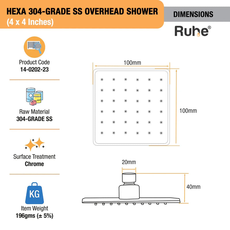 Hexa 304-grade SS Overhead Shower (4 x 4 Inches)