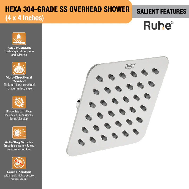 Hexa 304-grade SS Overhead Shower (4 x 4 Inches)