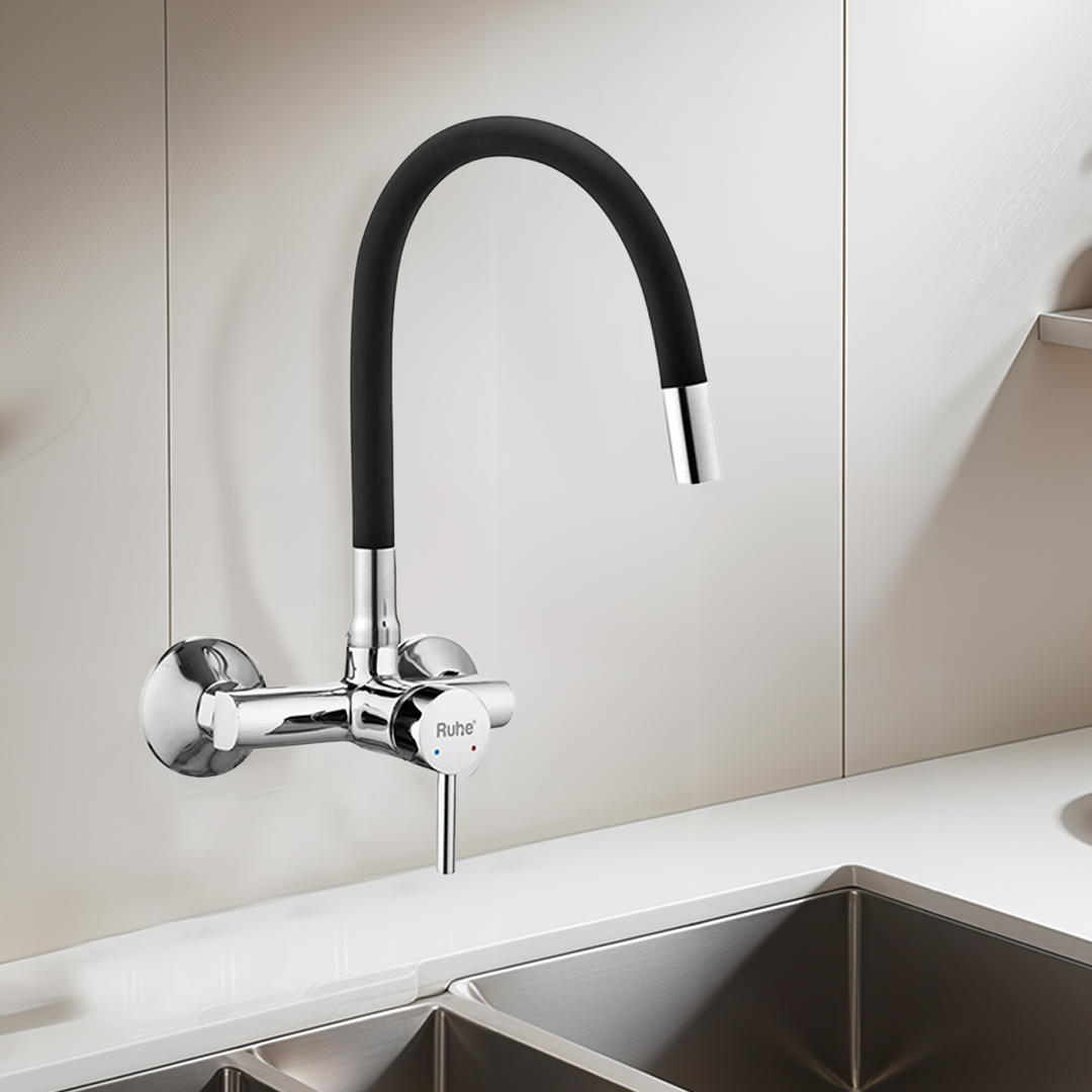 Kara Single Lever Wall-mount Kitchen Sink Mixer Tap with Black Silicone Spout - by Ruhe®