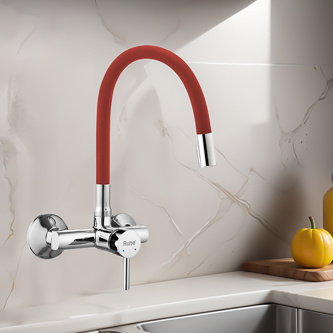 Kara Single Lever Wall-mount Kitchen Sink Mixer Tap with Red Silicone Spout - by Ruhe