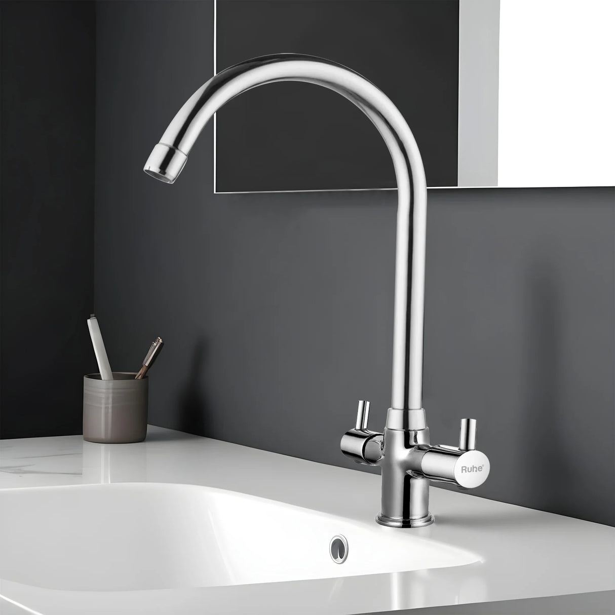 Kara Deck Mount Wash Basin Mixer Tap with Swivel Spout