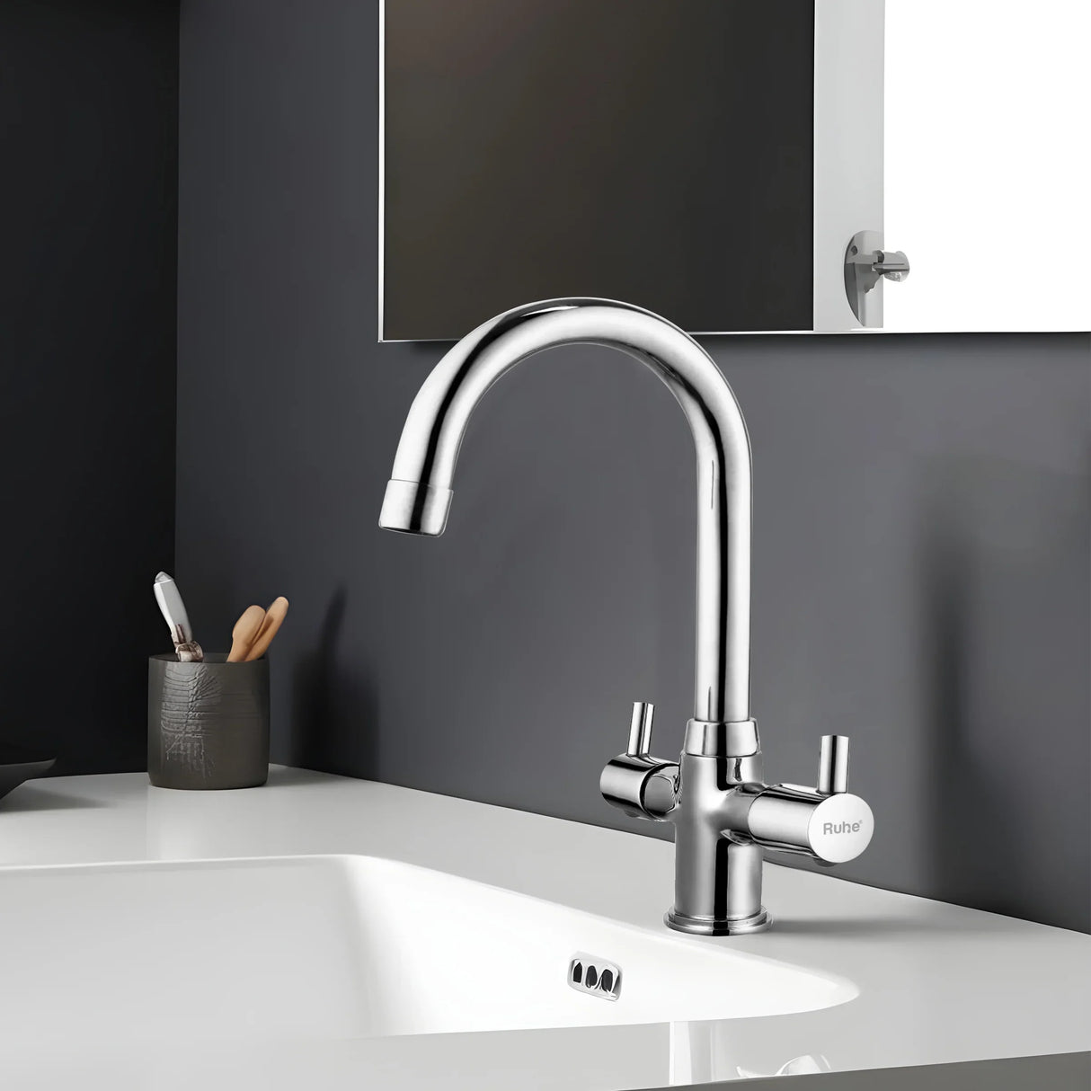Kara Deck Mount Wash Basin Mixer Tap with Swivel Spout