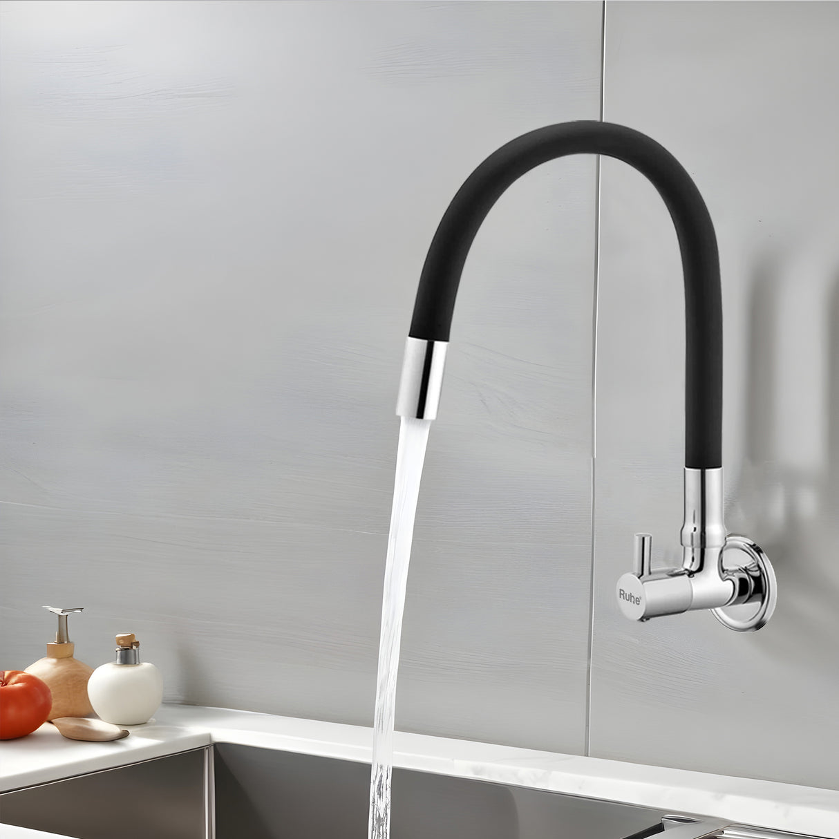 Kara Wall-mount Kitchen Sink Tap with Black Flexible Silicone Spout - by Ruhe®