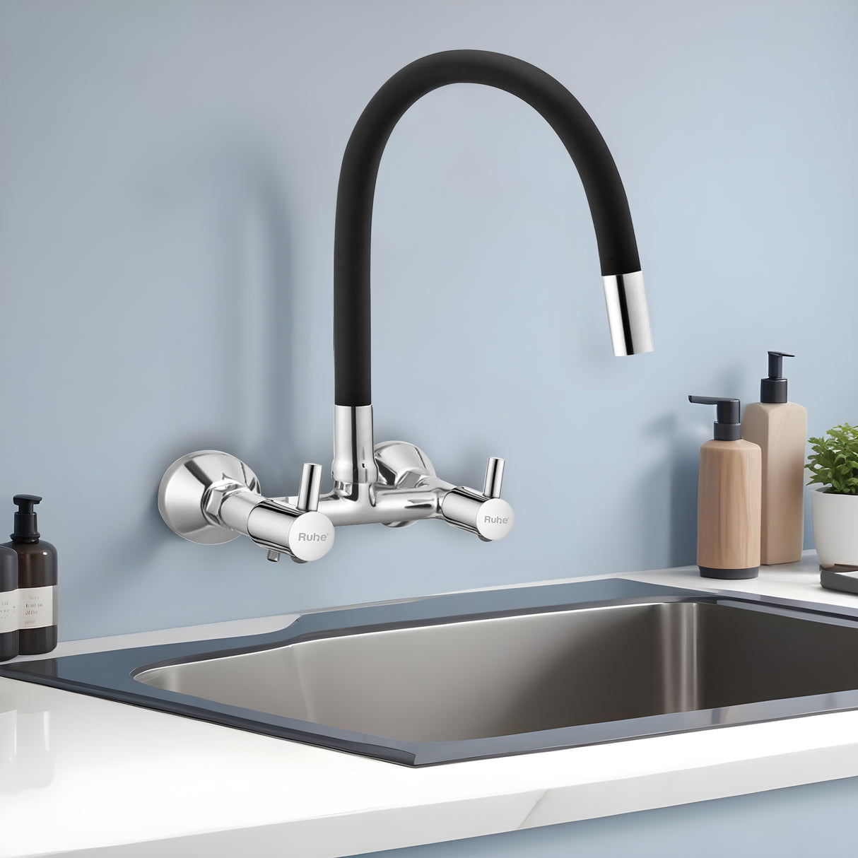 Kara Wall-mount Kitchen Sink Mixer Tap with Black Silicone Spout - by Ruhe®